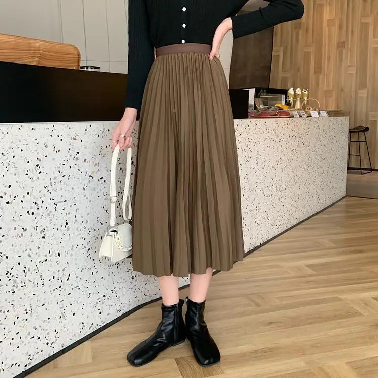Mat Texture New Pleated High Waist Skirt Women's Simple Sle New Model Ciwalk Polyester Fiber H-Line Autumn Season