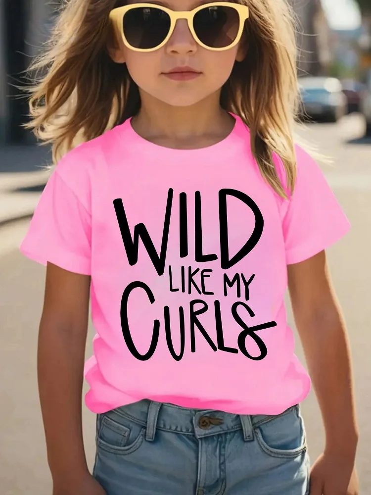 Cross-border bestseller: Wild Like My Curls girls' short-sleeved T-shirt with letter printing
