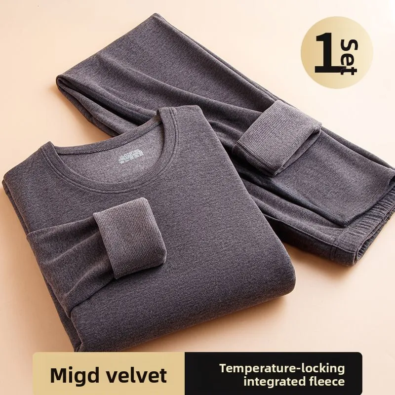 가을 겨울 남성용 보온 내의 세트 두꺼운 벨벳 라운드 넥 셀프 히팅 탄력성 긴팔 잠옷