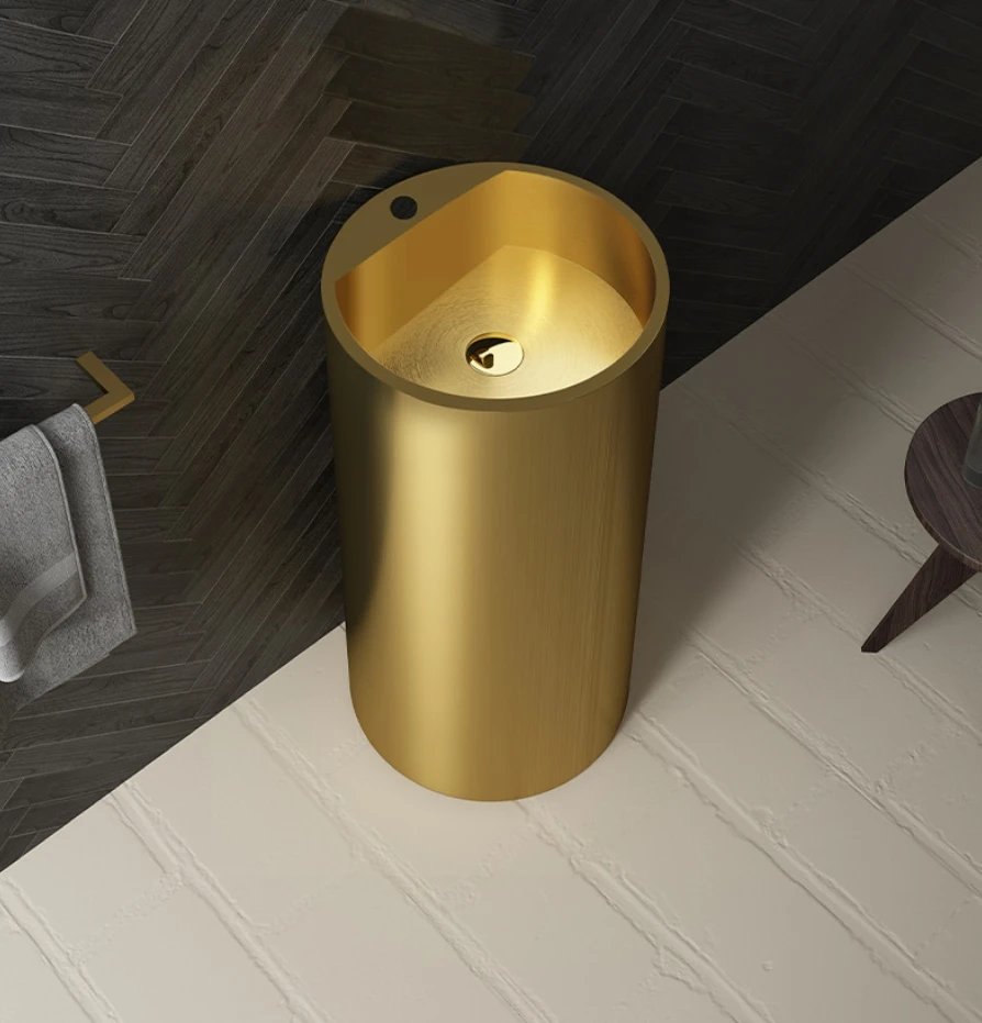 Minimalist style gold stainless steel column style washbasin, hotel homestay washbasin, integrated floor standing column basin