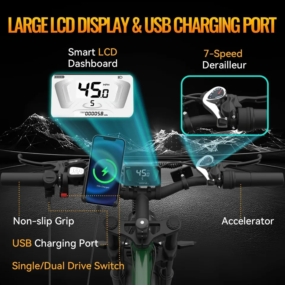 Dual Motor Peak 5000W Electric Bike, 45MPH 100 Miles, 52V 25AH Long Range Ebike image 7