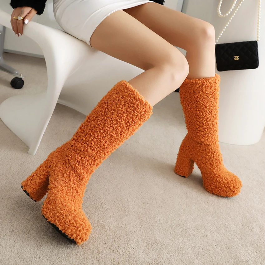 Faux Wool Fur Warm Winter Knee High Snow Boots Women Plush Platform Chunky High Heels Slip on Party Dance Shoes White Orange 41