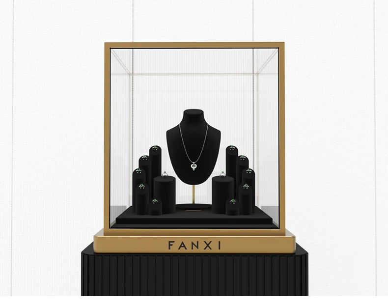 Oirlv Schwarzes Mikrofaser-Schmuckdisplay-Set mit Metall-Schmuckvitrine für Halsketten, Ohrringe und Armreifen – Detail 1
