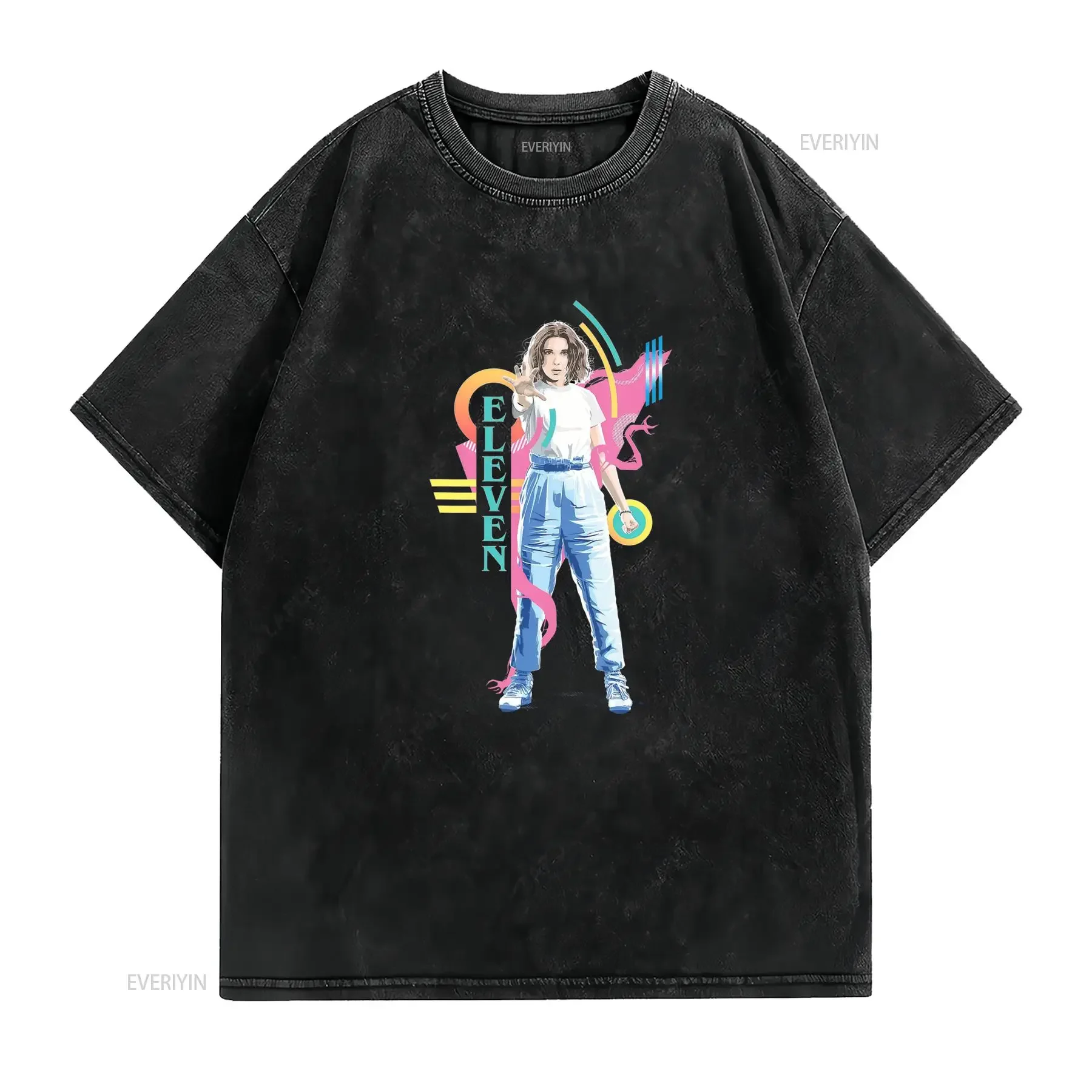 Camiseta negra con estampado de once personajes Cuello redondo casual tejido ligeramente elástico corte regular perfecta Unisex