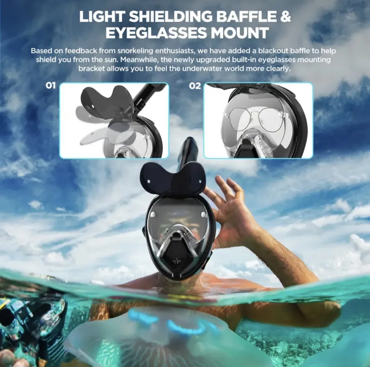 Full Face Snorkel Mask for Glasses Wearers Prescription Lens Compatible Foldable UV Sun Shield  Anti-Fog Surface Snorkeling Mask