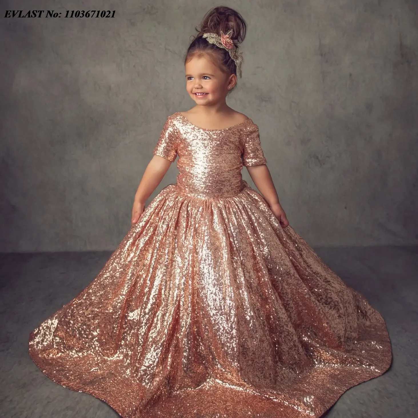 

EVLAST Customized Rose Gold Sequined Flower Girls Dress for Wedding Little Girls Pageant Gown Holy First Communion Gown FD69