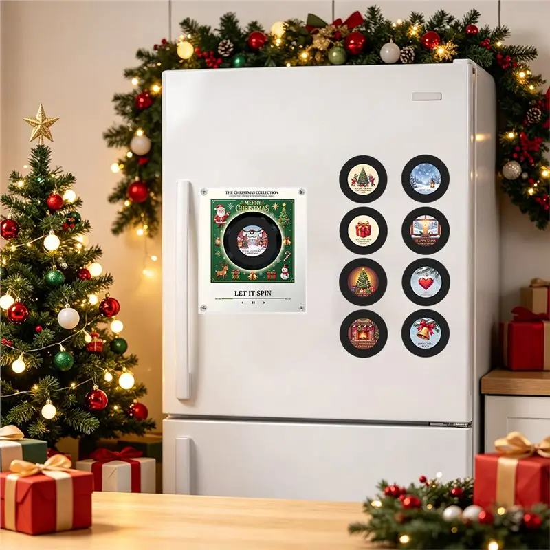 ABGH-Christmas Magnetic Music Fridge Magnet Touch To Play Vinyl Record Player Xmas Fridge Magnet Night Light Built-In LED