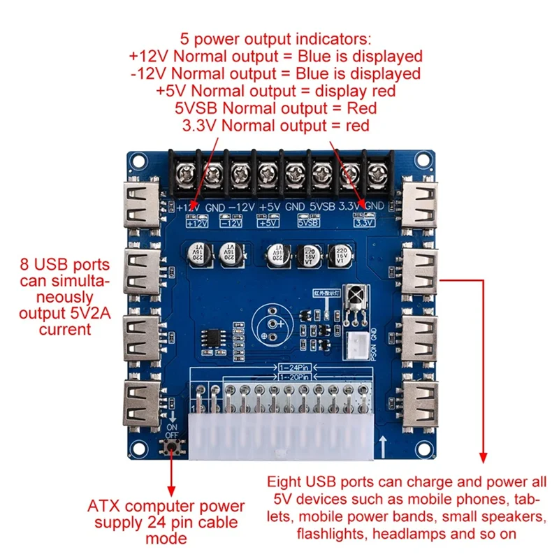 Fonte de alimentação atx VO-20 pinos/24 pinos 5v/2a placa adaptadora de fonte de alimentação para chassi de mesa de carregamento usb, b 1 peça