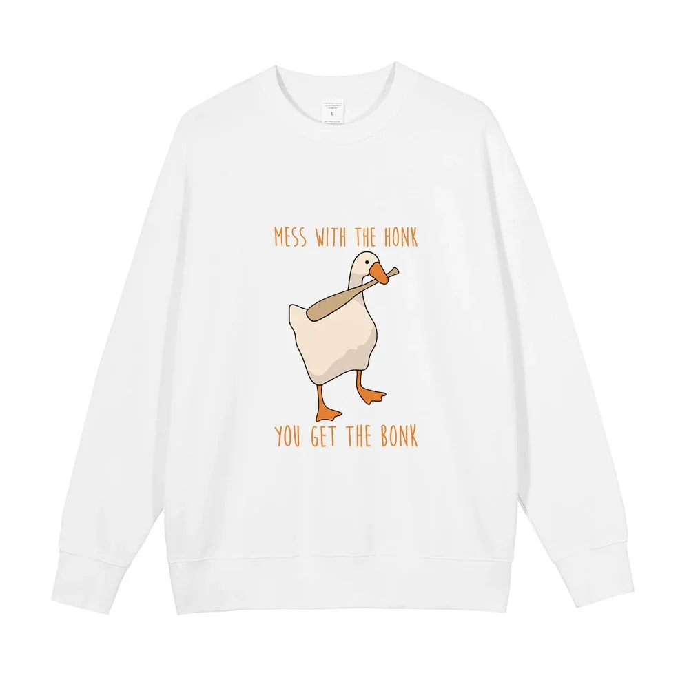 Mess with The Honk You Get The Bonk Print Crew Neck Sweatshirt Men Women Funny Cute Duck Fall Fleece Pullover Black Warm Sweater