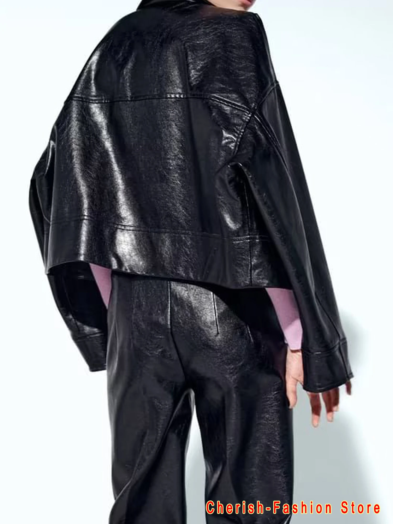 Chaqueta de cuero de manga larga para mujer, abrigo corto informal, holgado, con solapa abierta y botones, con bolsillo, color negro, novedad