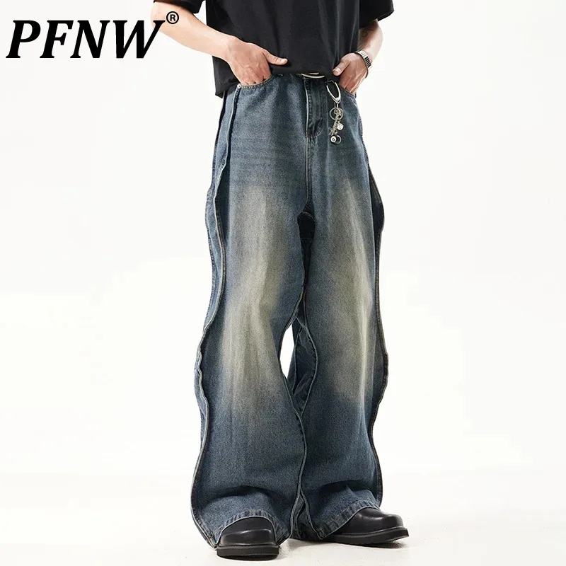 

PFNW Male Splicing Design Trendy Jeans Men's High Street Washed Niche Unique Trousers Casual Loose Wide Leg Pants Autumn 28W4456