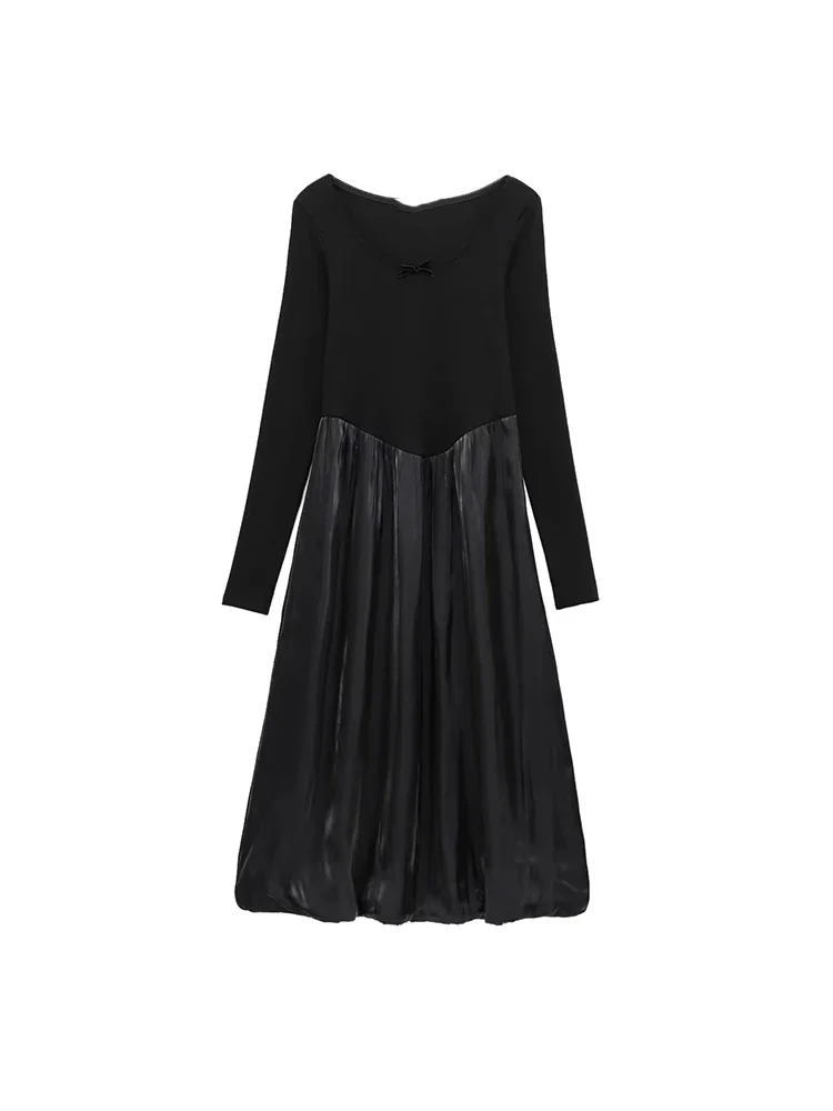 

Willshela Women Fashion With Bow Black Patchwork Pleated Midi Dress Vintage O-Neck Long Sleeves Female Chic Lady Dresses