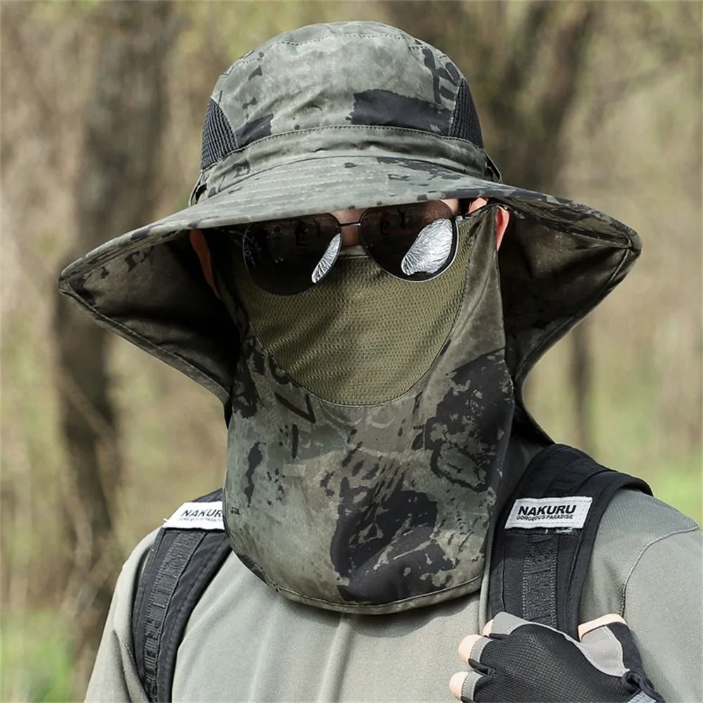 

New Large Shawl Outdoor Fisherman Hat with Neck Cover Breathable Mesh Men Sunhat Wide Brim Sun Protection Visor Men Women Hat