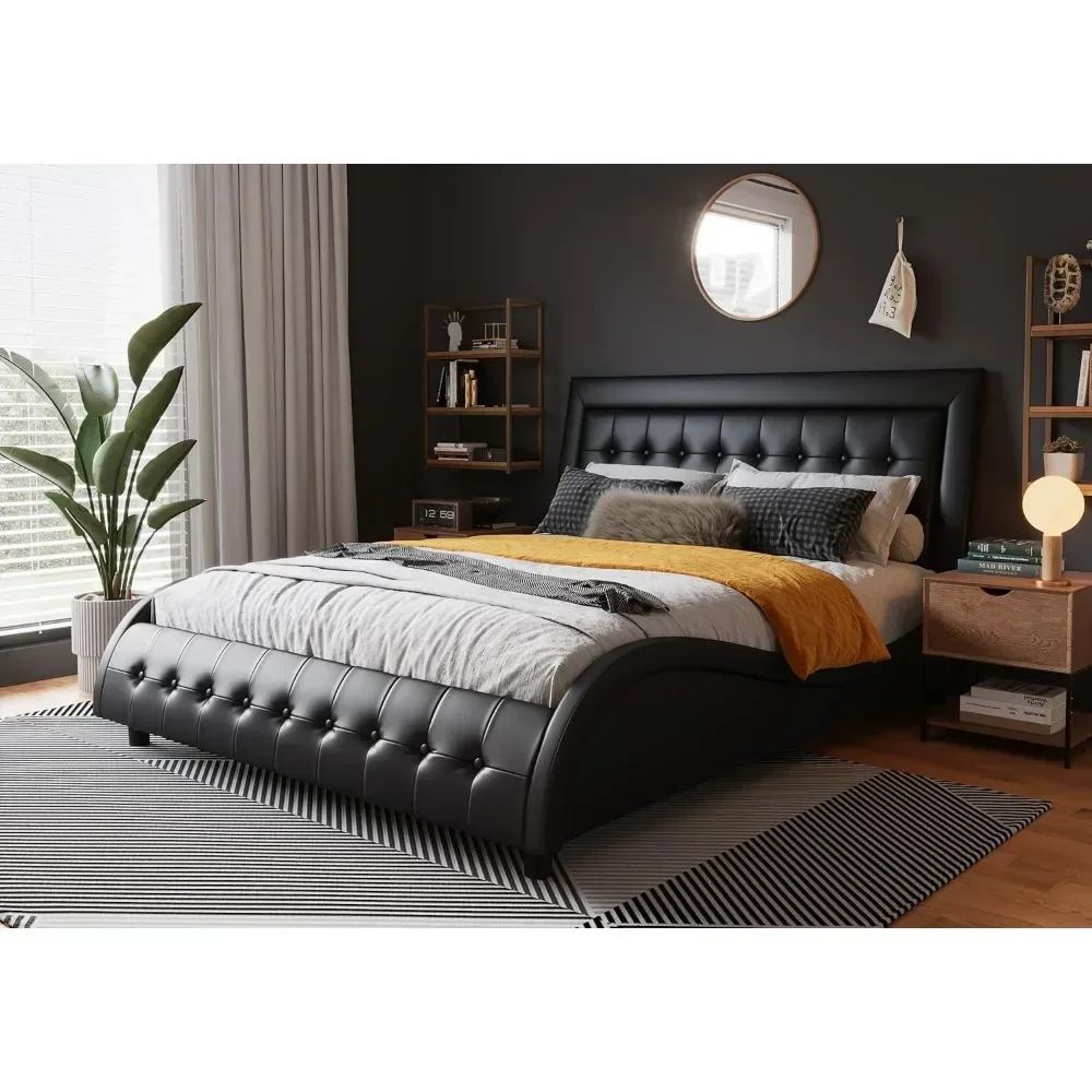 Bed frame, full-size box tufted with adjustable headboard, wooden slatted support, leatherette upholstery, bedroom bed frame