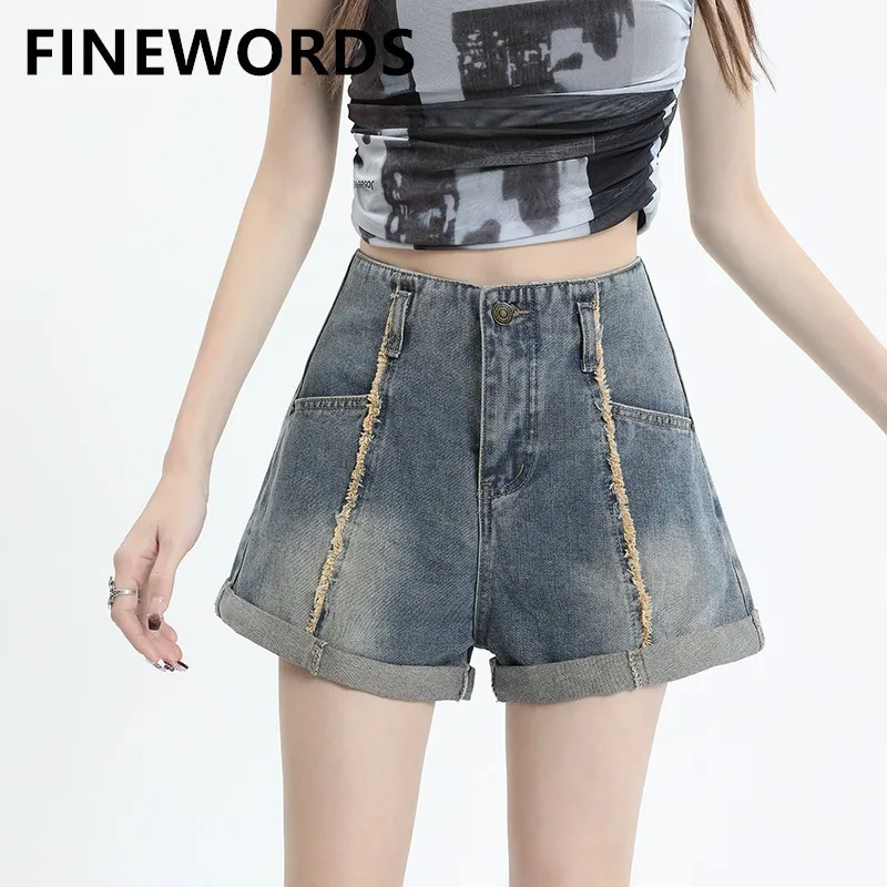 

FINEWORDS Vintage Beach Summer Shorts Jeans Women Korean Casual Loose Blue Denim Shorts Streetwear Harajuku Wide Leg Shorts