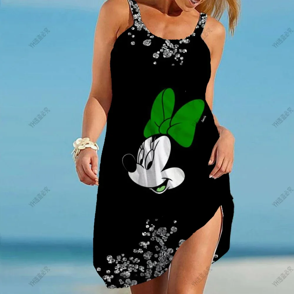 Summer Disney Minnie Mickey Mouse Women's Dress Casual O-neck Sleeveless Dress A-line Skirt Beach Dress Party Dress Sling Dress