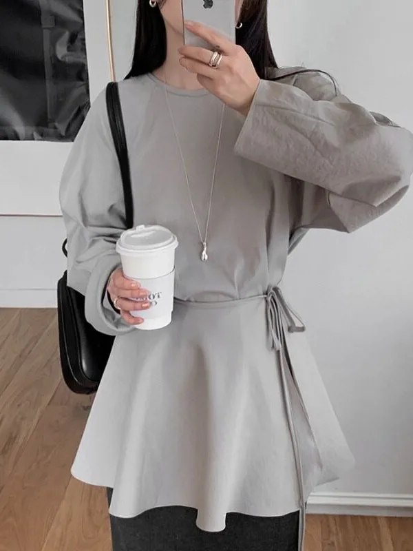 Retro Chic Loose Women's Shirt with Belt round Neck Two-Piece Set for Autumn Light Maturity Style Korean Style Streetwear