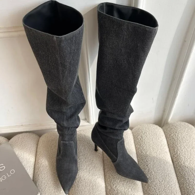 Street Fashion Cowboy Boots for Women  2023 New Pointed Toe Women's Boots Blue Denim High Heels Mid-calf Boots Zapatos De Mujer
