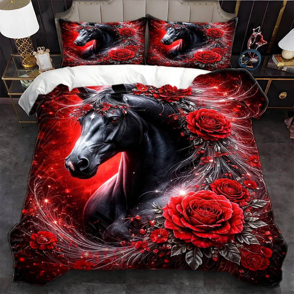3Pc Dreamy Red Rose Black Horse Duvet Cover Set, Three-Piece Bedding Set (1 Duvet Cover + 2 Pillowcases), Suitable for All Seasons, Machine Washable, with Invisible Zipper, Large Double Bed Cover Set, Suitable for Home, Dormitory, Master Bedroom, Guest Room, 3D Floral Bedding, Luxurious Black Horse and Rose Print Bedding, European and American Style High-End Brushed Duvet Cover Set, Ins Internet Celebrity Style Skin-Friendly Breathable Bedding Set, 2D Flat Print