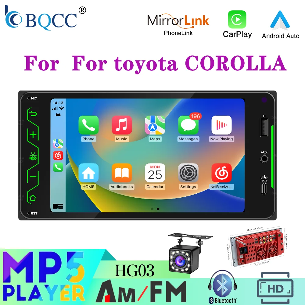 

BQCC 7'' Car Stereo for Toyota COROLLA VIOS CROWN CAMRY HIACE PREVIA RAV4 CarPlay Android Auto FM AM BT Multimedia Player Screen
