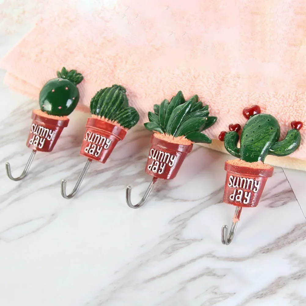 Adhesive Cactus Wall Hook Artificial Flower Pot plant Home Decor Storage Organizer Key Rack Bathroom Kitchen Towel Hanger Hook