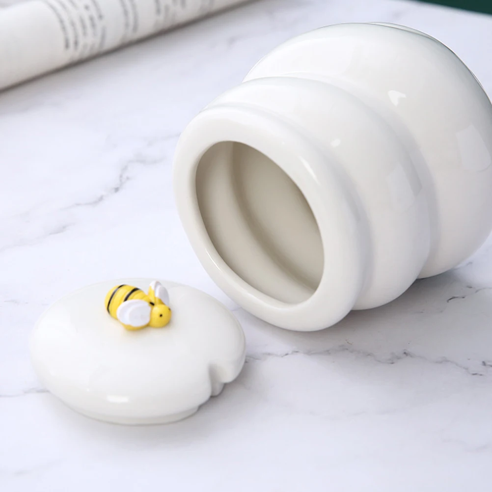 

Ceramic White Bee Shaped Container Dipper Cup Bottle Kitchen Storage Honey Pot Syrup Canister Tea Candy Small Size