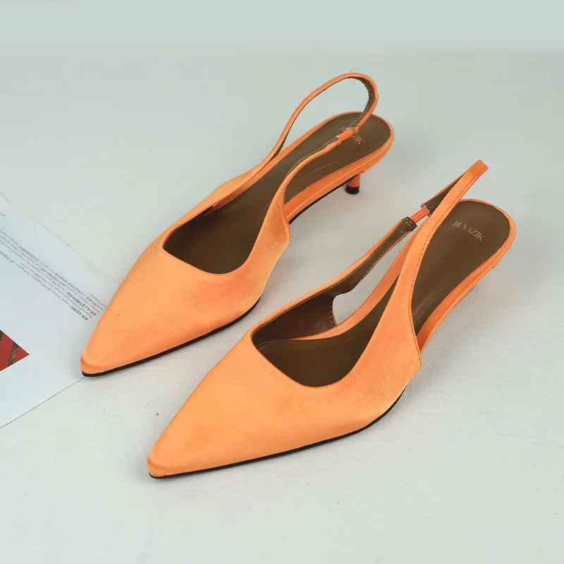 

Elegant Low Heels Women Modern Sandals Summer Pointed Toe Office Work Slingbacks Comfort Silk Brand Designer Ladies Dress Shoes
