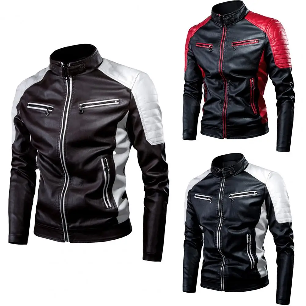 

Cool Men Jacket Contrast Colors All Match Autumn Coat Contrast Colors Classic Biker Jacket