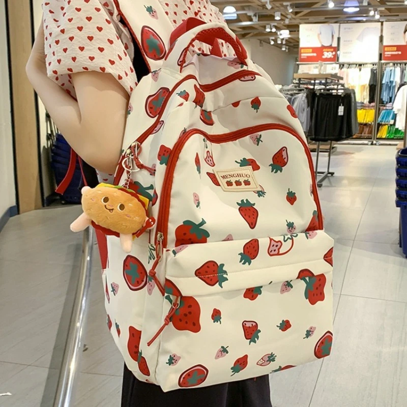 かわいい漫画のイチゴプリントバックパック、軽量スクールバッグ、小学生・中学生向け、ファッション、日常旅行用