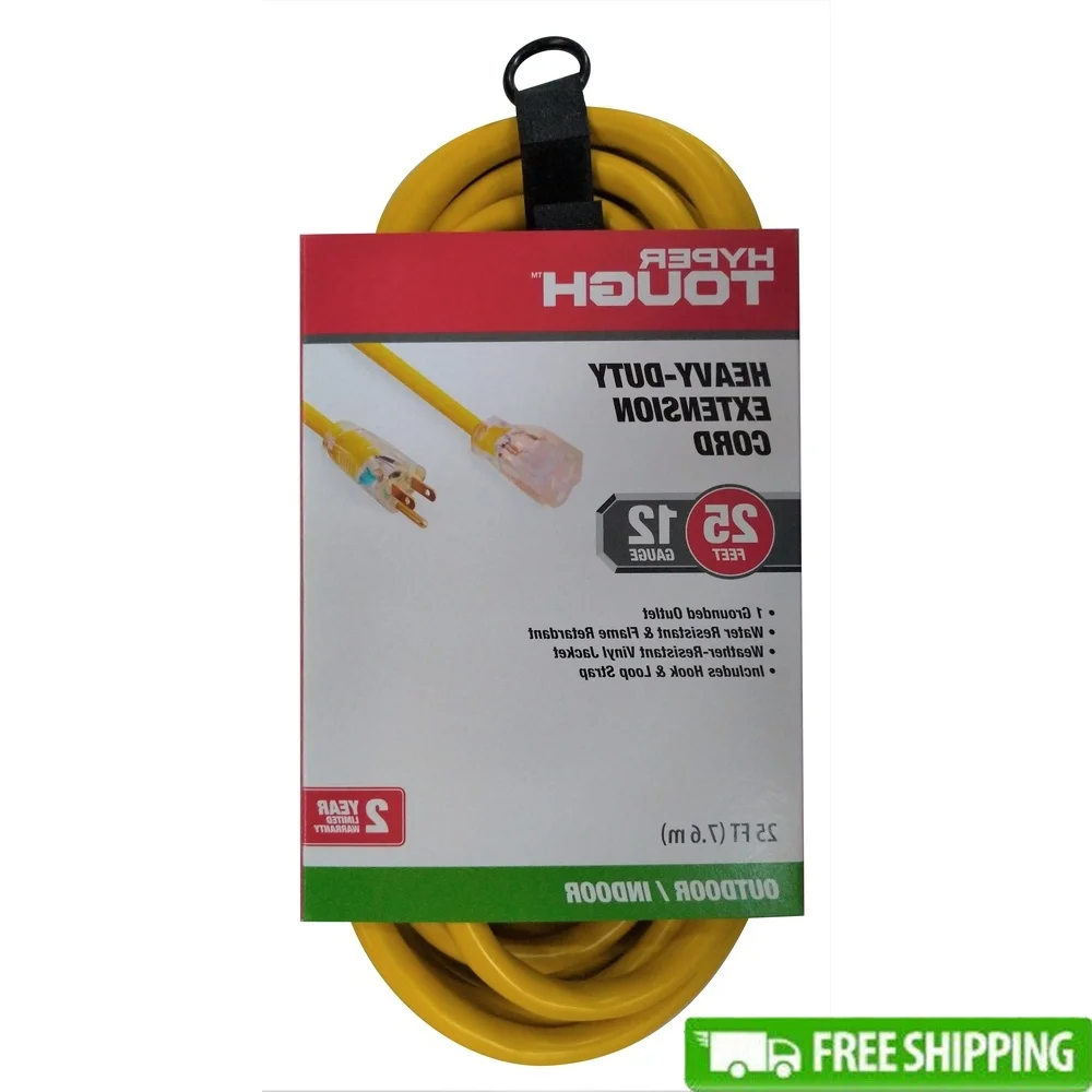 

25ft Heavy Duty Yellow Vinyl Extension Cord Water Resistant Indoor Outdoor with Lighted End 12AWG 15A Grounded Outlet