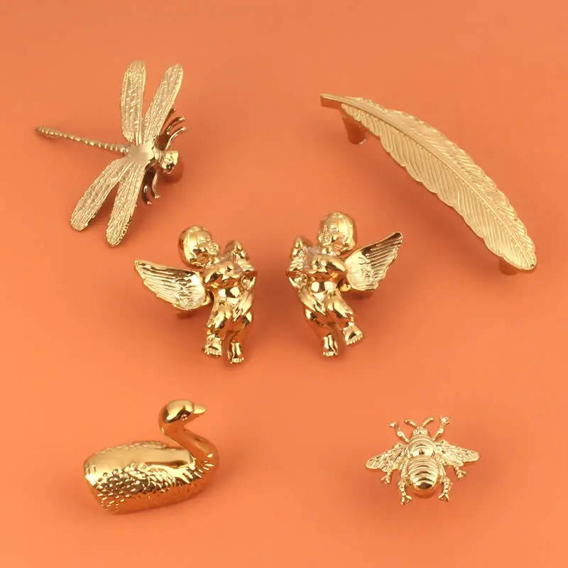 

Creative Handle Brass Drawer Swan Bee Handle Nordic Wardrobe Personality Golden Feather Angel Knobs for Dresser Cabinet Handles