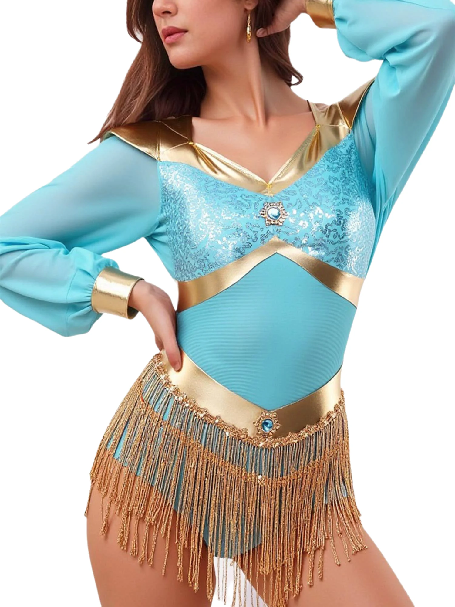 

Women Arabian Princess Costume Halloween Fancy Dress Up Long Sleeve Rhinestones Sequins Tassels Leotard for Cosplay Themed Party