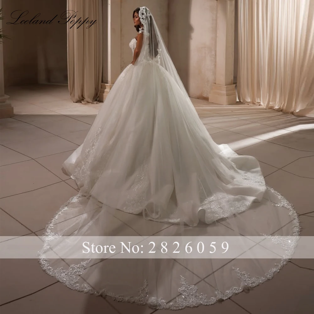 Lceland Poppy Customized Strapless Ball Gown Lace Wedding Dresses Illusion Beaded Bridal Gowns with Chapel Train