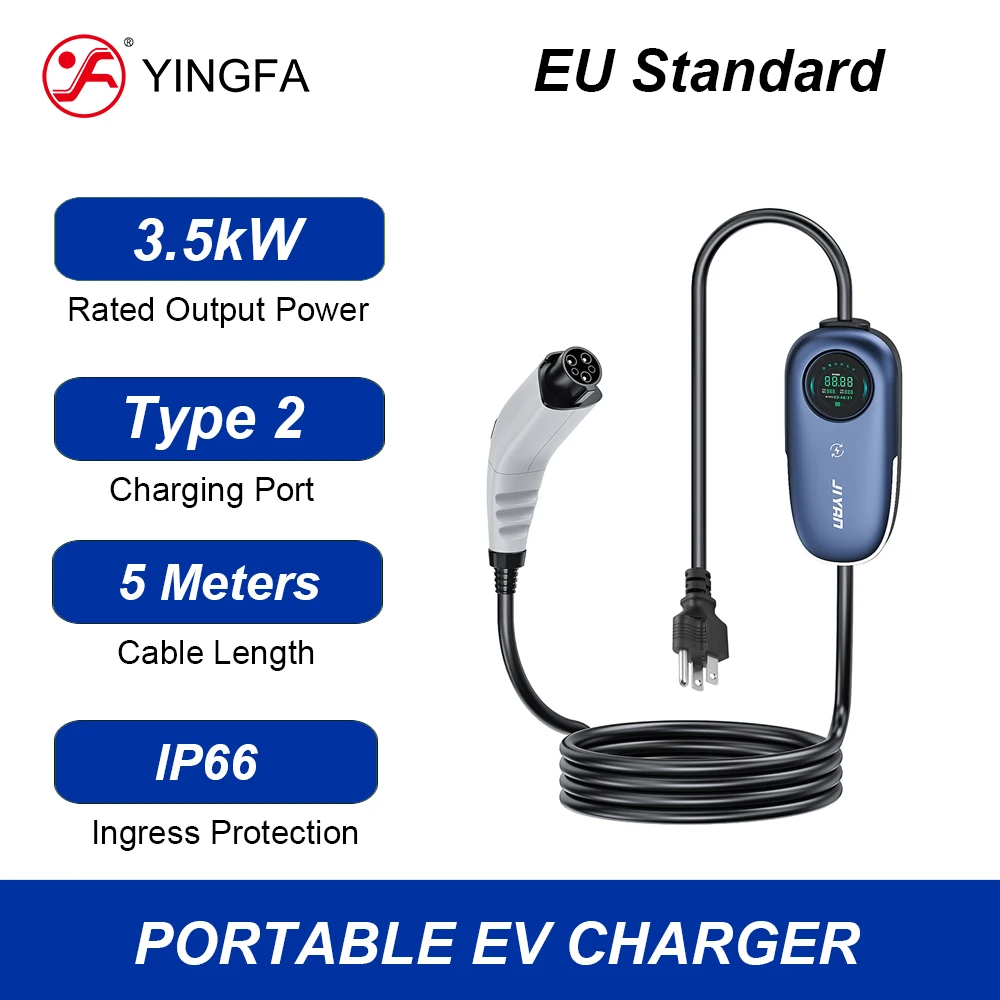 YINGFA 3.5kW TYPE 2 IP55 / IP66 5 Meters European Standard Portable EV Charger For Cars