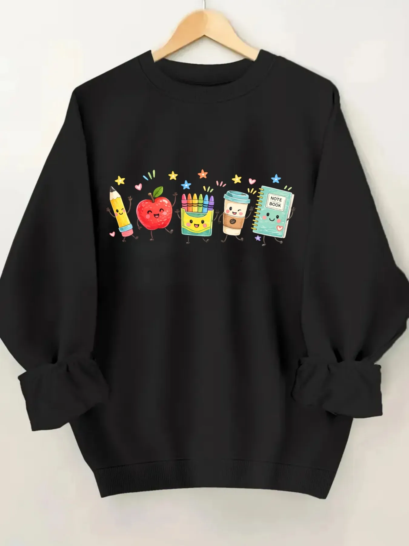 Women's Crew Neck Pullover Sweatshirt Cute School Supplies Design, Soft Casual Long Sleeve, Daily Casual Top Outfit, Winter Women's Clothing, Thanksgiving Outfit