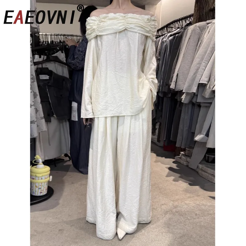 

EAEOVNI Casual Solid Color Two Piece Set Women Folds Slash Neck Long Sleeve Blouse Tops + Wide Leg Trousers Fashion 2025 New