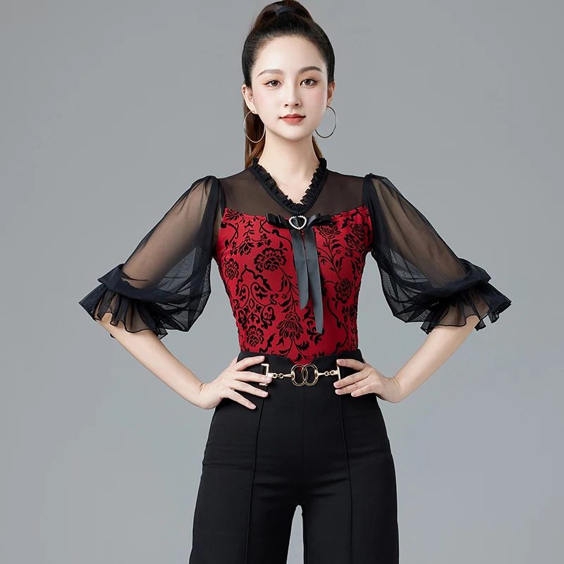 

2024 New Women's Latin Dance Gauze Mid sleeved Tops Training Dress Adult Ballroom National Standard Social Dance Tops XH344