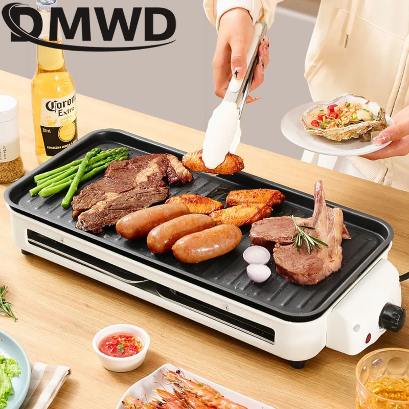 DMWD 220V Smokeless BBQ Electric Kebab Rotary Grill Stove Rotisserie Teppanyaki Barbecue Non-stick Frying Pan Skewer Griddle