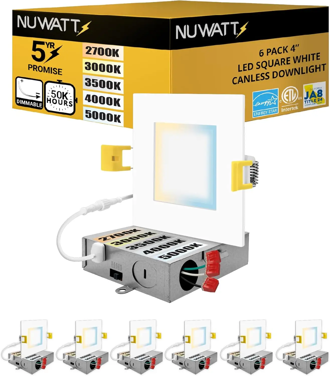 4 Inch Square LED Recessed Lights, 5 CCT Selectable 2700K-5000K, 630 Lumens Dimmable, Wet & IC Rated, Canless Downlight, 6 Pack