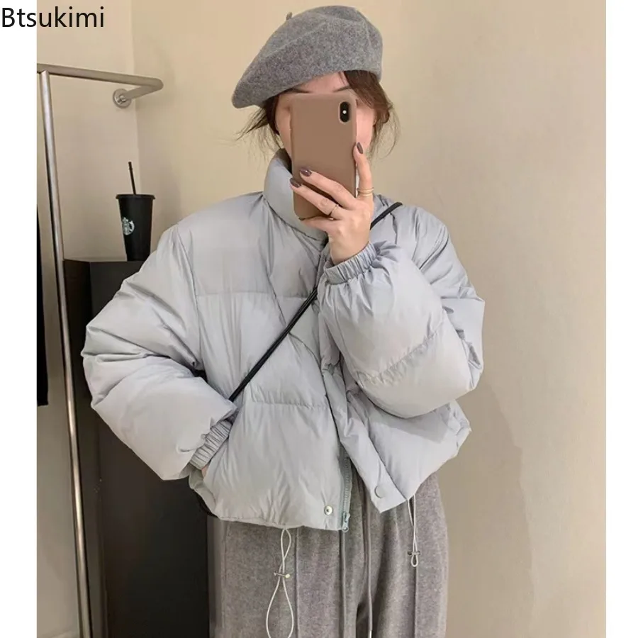 Women Stand-up Collar Short Style Cotton-padded Jacket Autumn Winter Solid Warm Top Female Zipper Long Sleeves Loose Bread Coat