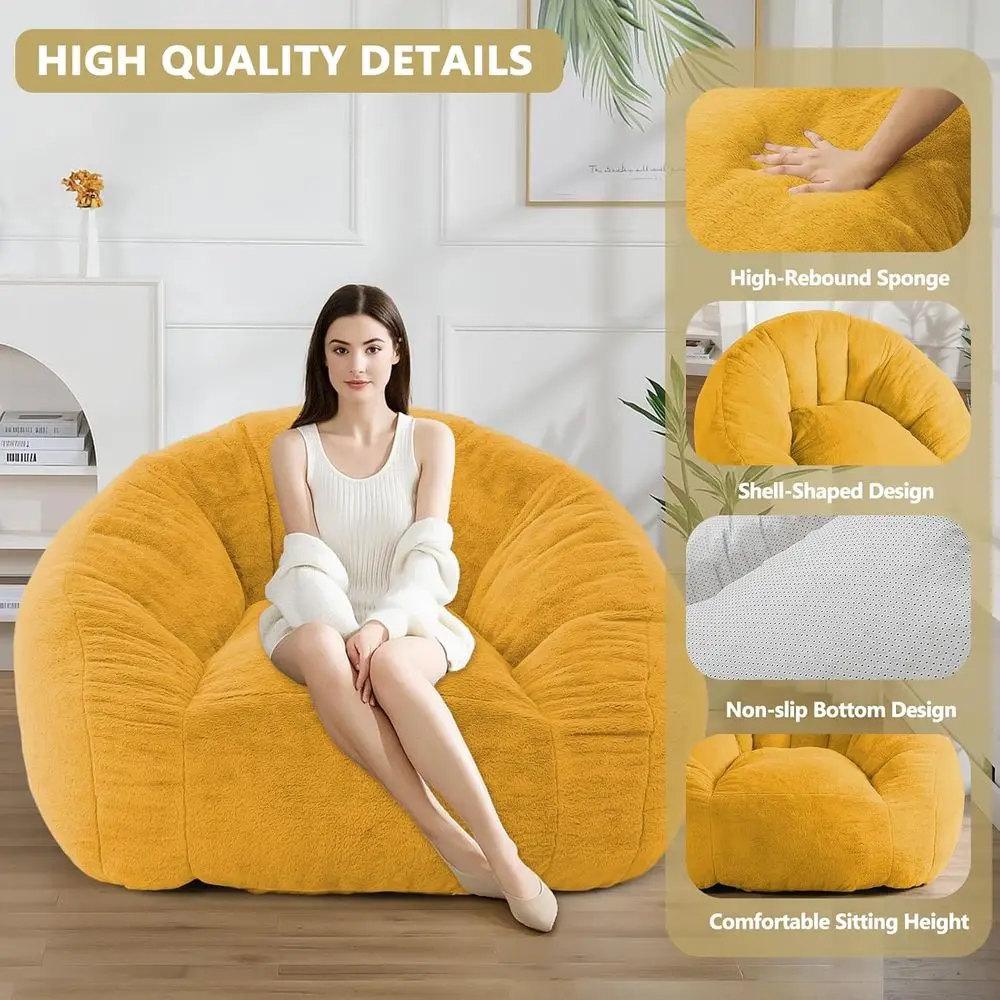 كرسي كيس فول من الفرو الصناعي الناعم كبير الحجم للبالغين، أريكة قراءة كبيرة مريحة لغرفة المعيشة وغرفة النوم والنوم، أصفر
