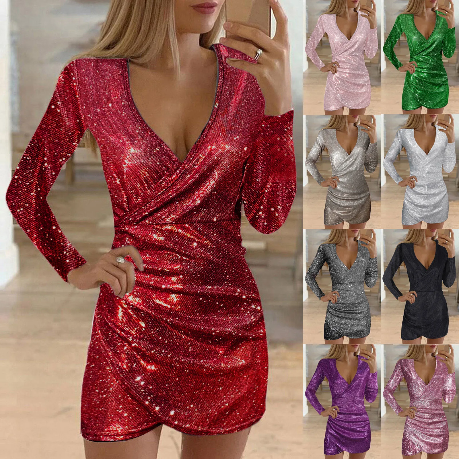 Abito da donna Sexy con Glitter argento elegante scollo a V profondo con paillettes Mini abito aderente primavera manica lunga Party Club abiti 2024