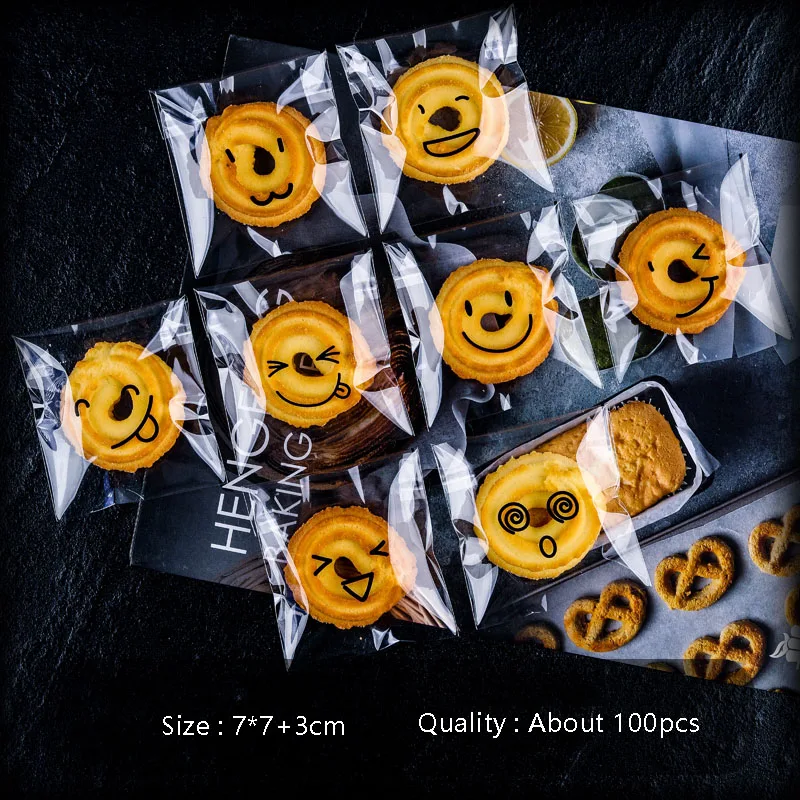 AQ 100 pcs/lot Transparent Cellophane ligne Expression 8in1 décor maison bonbons biscuits auto-adhésif sac bébé fête doux cadeau