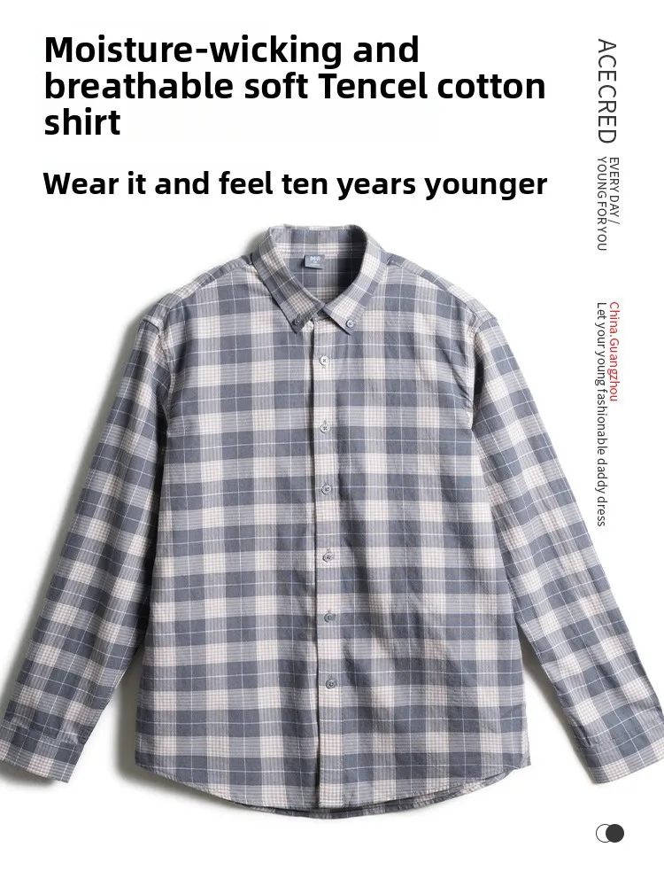 

Loose Long Sve irt for Middle-Aged And ly Men Casual Faion Spring Autumn Plaid Pattern Breathable Cotton Linen Blend