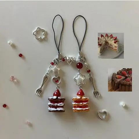 Strawberry Cake Matching Mobile Phone Pendant Food Keychain