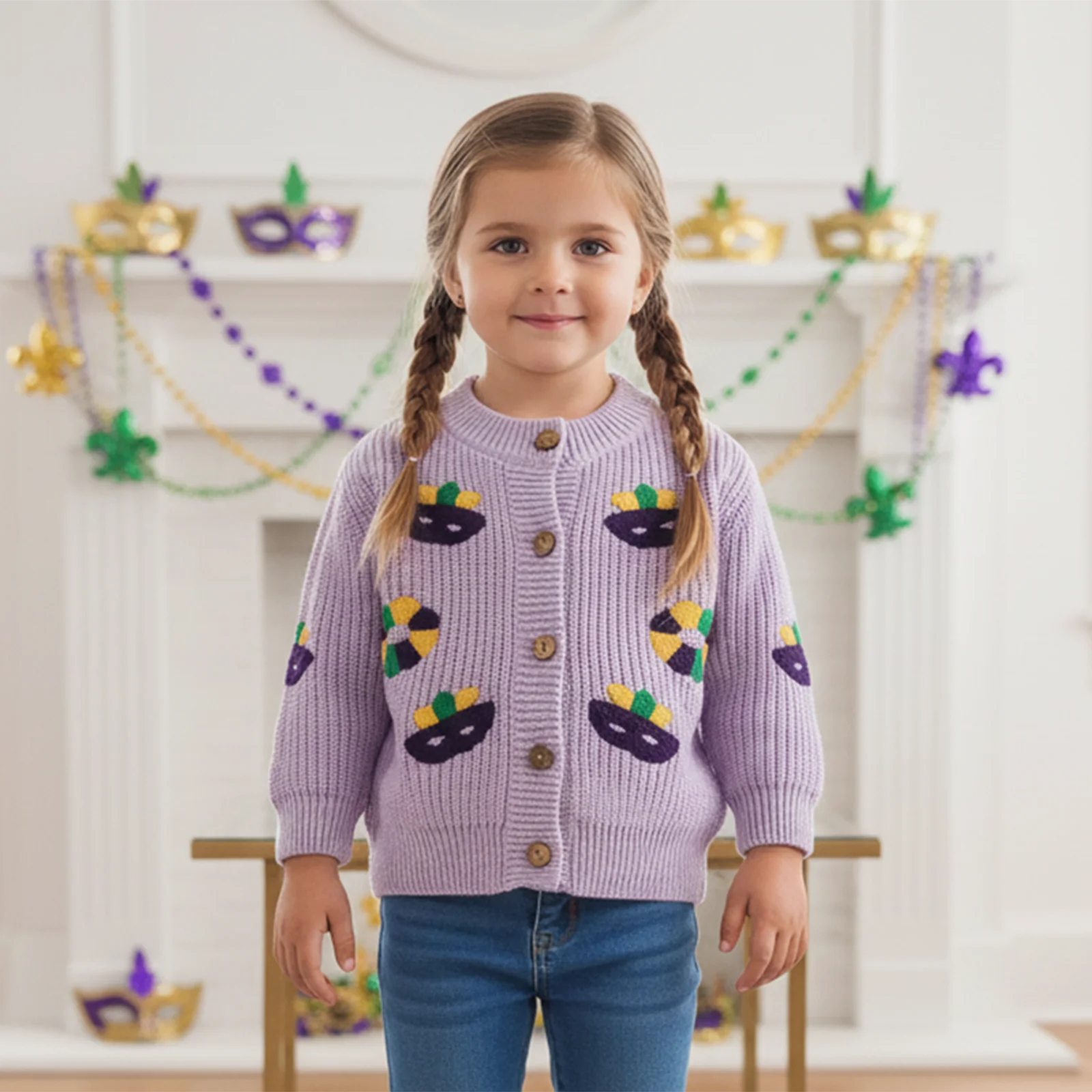 

Одежда для малышей, карнавальный вязаный свитер для девочек, кардиган с длинными рукавами и круглым вырезом на пуговицах и вышивкой