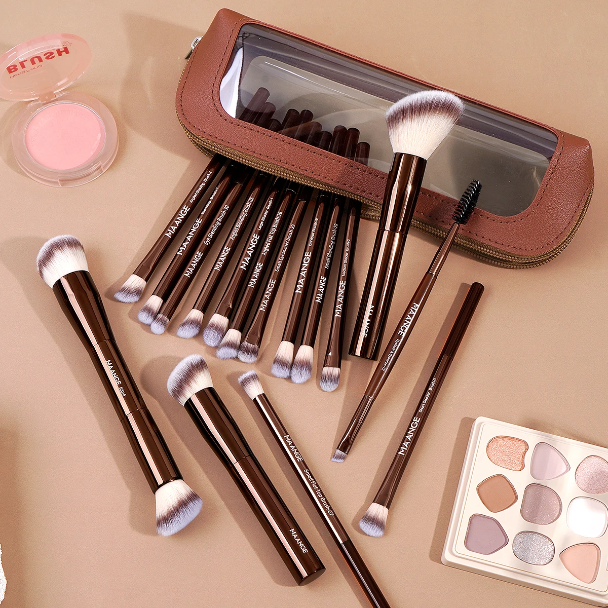 MAANGE Juego de 16 Brochas de Maquillaje con Bolsa de Almacenamiento, Brocha para Base, Brocha para Polvo, Brocha para Rubor, Herramientas de Maquillaje, Kit Básico de Brochas de Maquillaje
