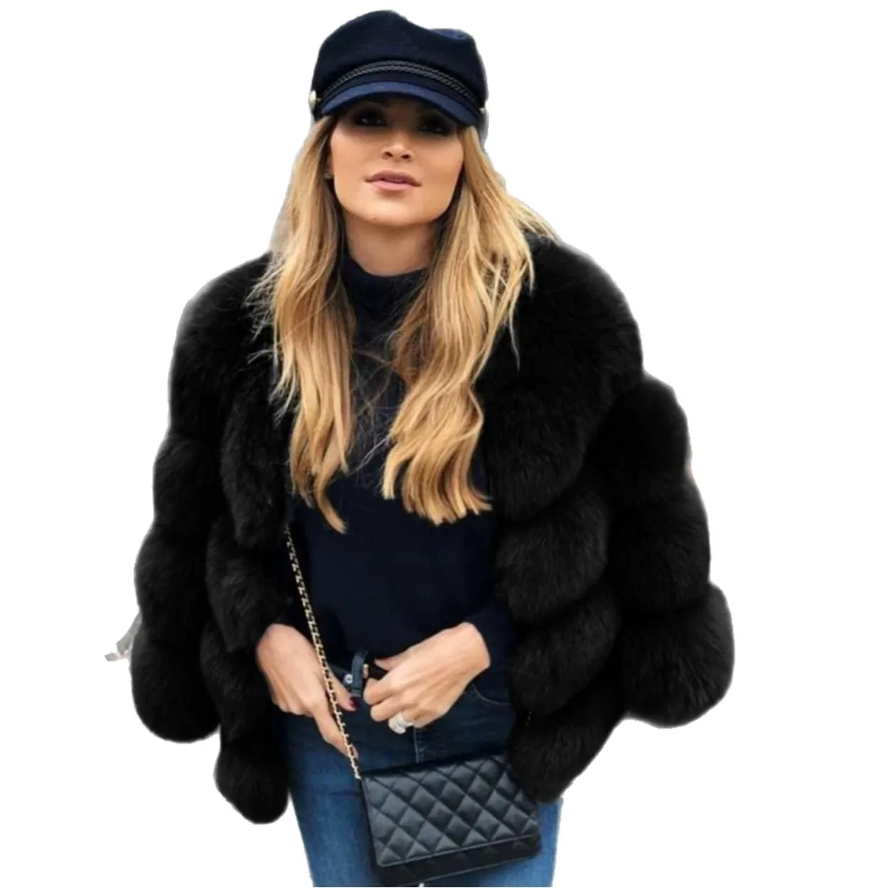 Women's Winter Jacket Genuine Fox Fur Jacket With Lapel Black Cropped Natural Fox Fur Fluffy Jacket Short Real Fur Coat