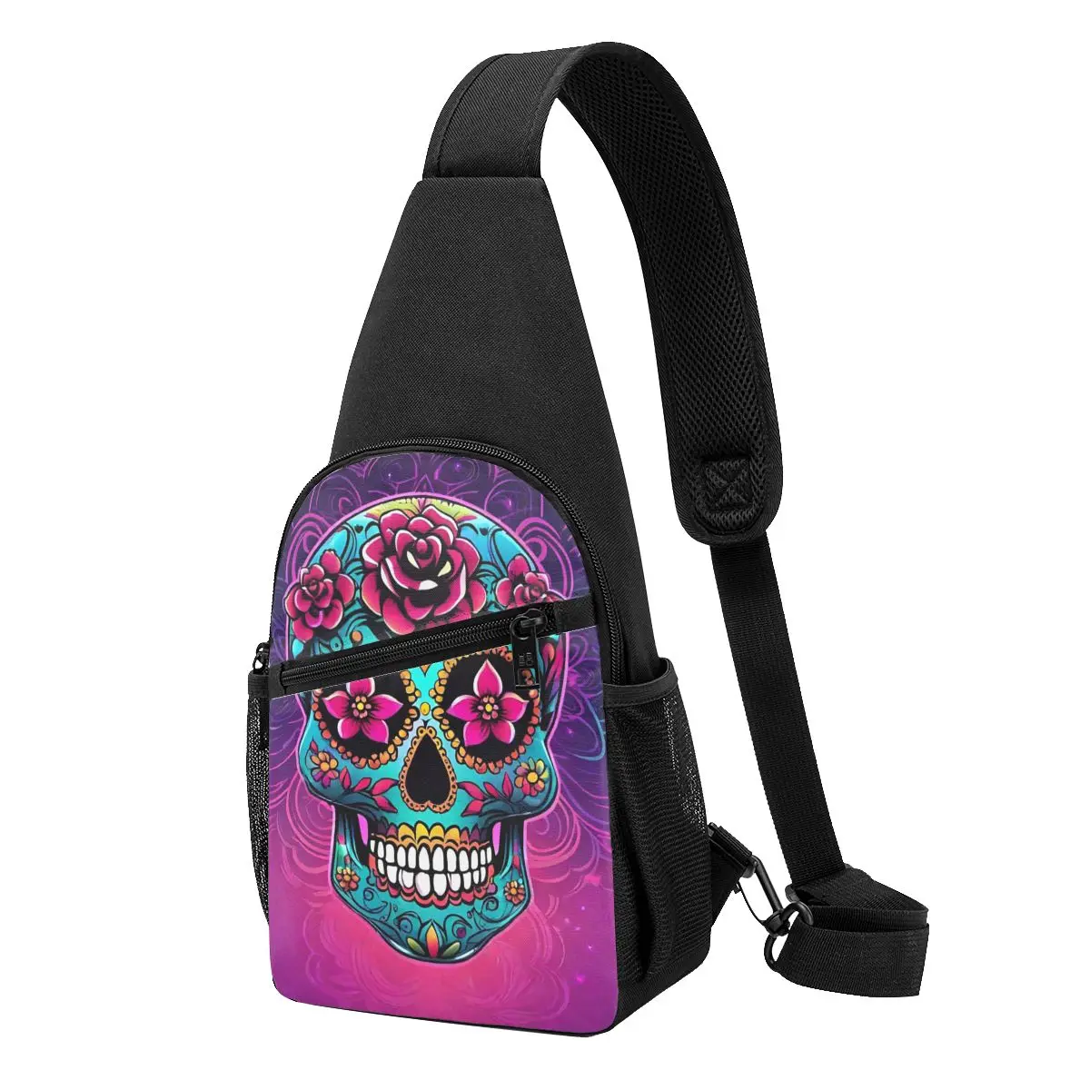 Mexican Sugar Skulls And Flowers Chest Bag Men Sling Crossbody Backpack Chest Bag Traveling Hiking Daypack Shoulder Bag