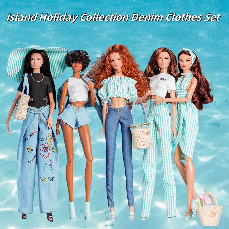 30cm Small Fresh Doll Clothes Island Holiday Fashion Denim Jacket+Pant+Plaid Dress 1/6 Supermodel Doll Everyday Dress Up Set